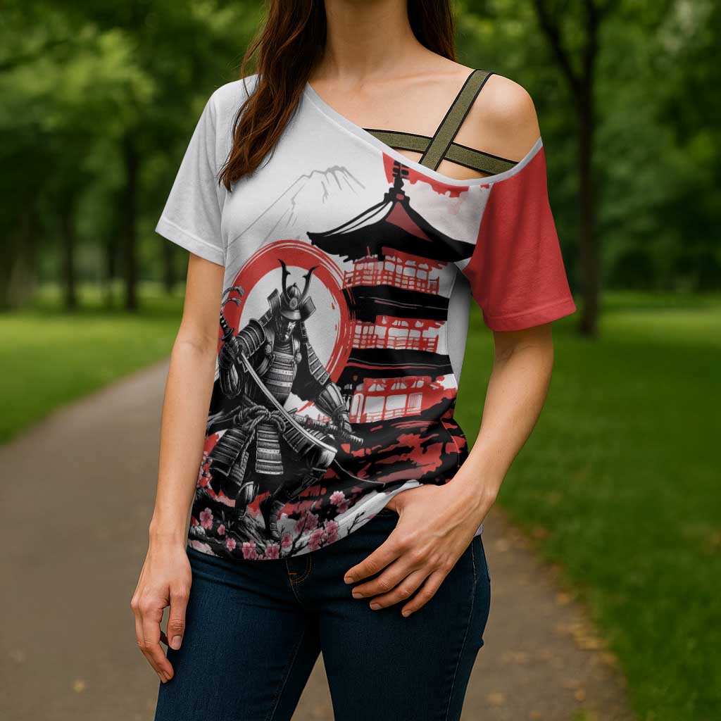 Japanese Samurai Warrior Enso Cross Shoulder Shirt Japan Pagoda Sakura Watercolor - Polynesian Pride
