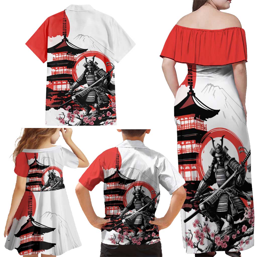Japanese Samurai Warrior Enso Family Matching Off Shoulder Maxi Dress and Hawaiian Shirt Japan Pagoda Sakura Watercolor - Polynesian Pride