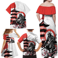 Japanese Samurai Warrior Enso Family Matching Off Shoulder Maxi Dress and Hawaiian Shirt Japan Pagoda Sakura Watercolor - Polynesian Pride
