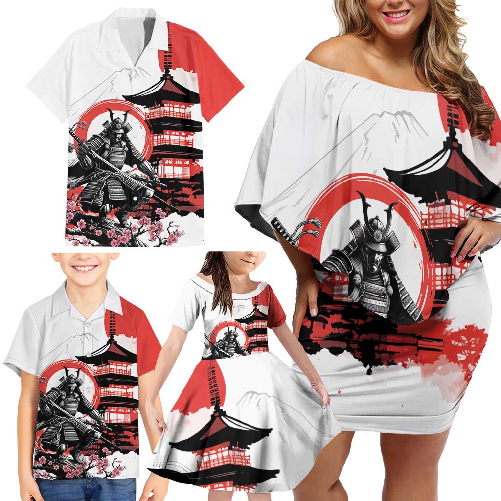Japanese Samurai Warrior Enso Family Matching Off Shoulder Short Dress and Hawaiian Shirt Japan Pagoda Sakura Watercolor - Polynesian Pride
