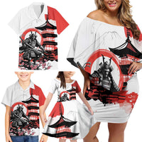 Japanese Samurai Warrior Enso Family Matching Off Shoulder Short Dress and Hawaiian Shirt Japan Pagoda Sakura Watercolor - Polynesian Pride