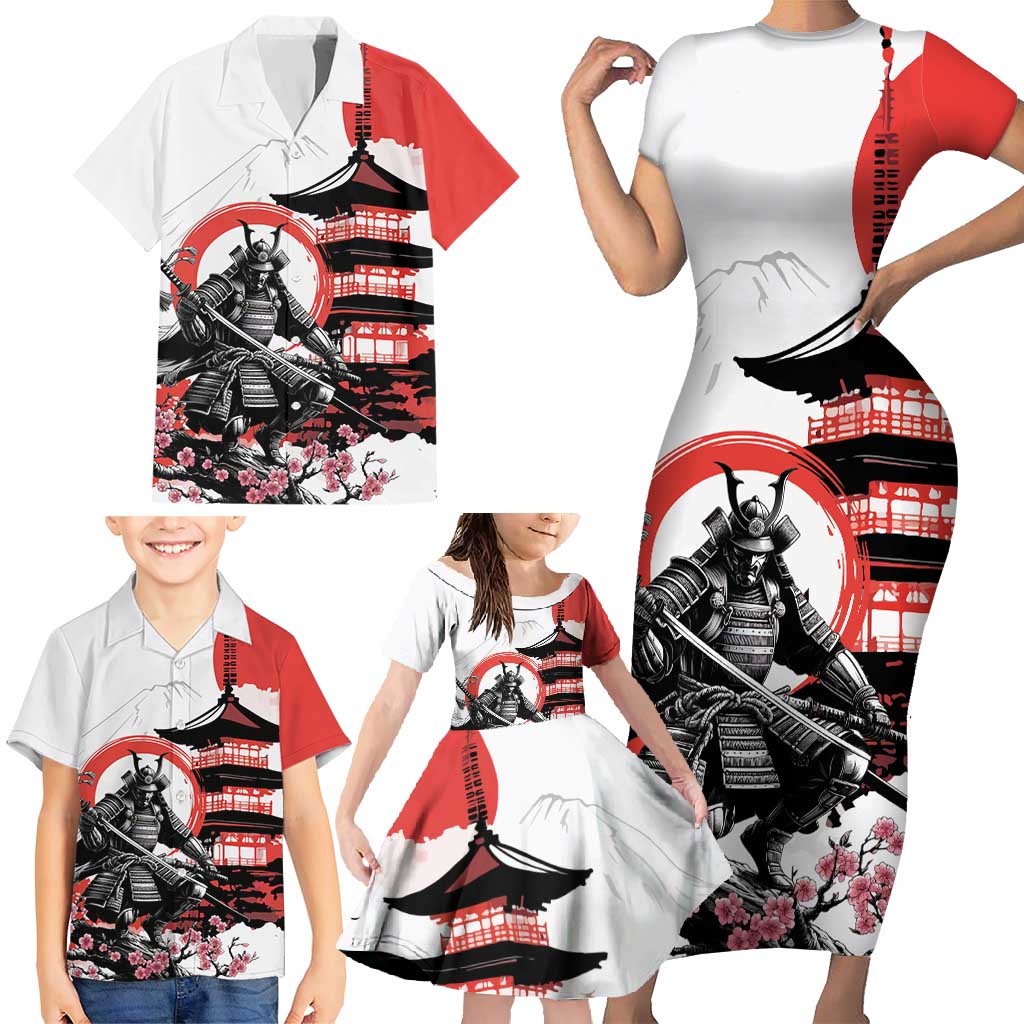 Japanese Samurai Warrior Enso Family Matching Short Sleeve Bodycon Dress and Hawaiian Shirt Japan Pagoda Sakura Watercolor - Polynesian Pride