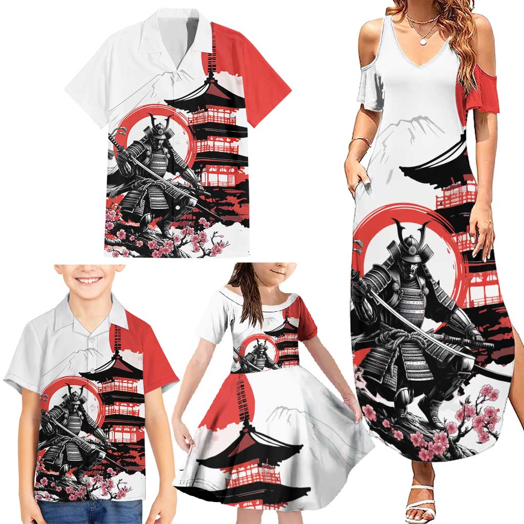 Japanese Samurai Warrior Enso Family Matching Summer Maxi Dress and Hawaiian Shirt Japan Pagoda Sakura Watercolor - Polynesian Pride