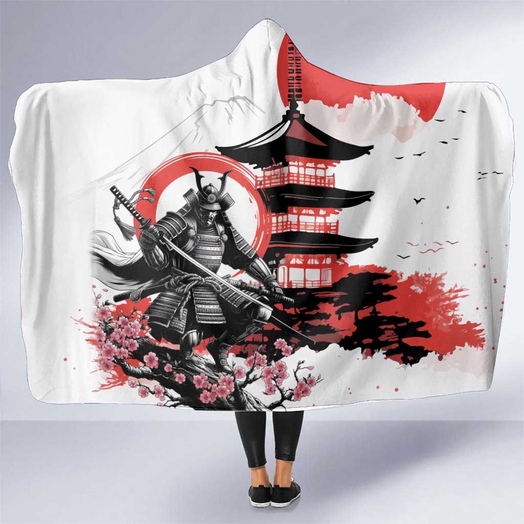 Japanese Samurai Warrior Enso Hooded Blanket Japan Pagoda Sakura Watercolor - Polynesian Pride