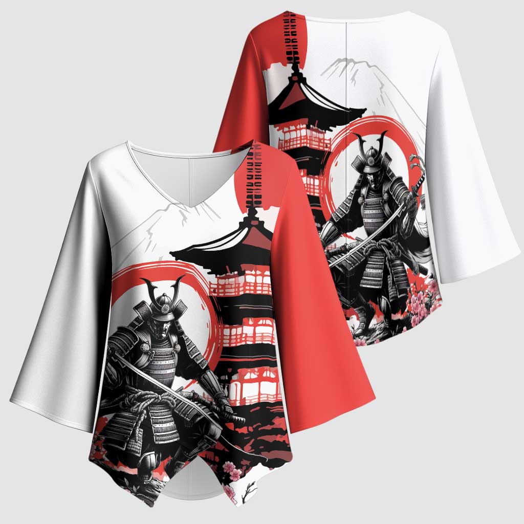 Japanese Samurai Warrior Enso Kimono Sleeve Blouse Japan Pagoda Sakura Watercolor - Polynesian Pride