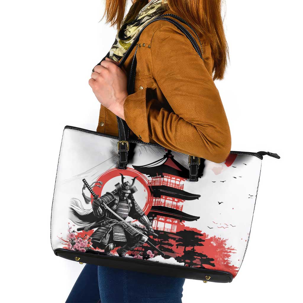 Japanese Samurai Warrior Enso Leather Tote Bag Japan Pagoda Sakura Watercolor - Polynesian Pride