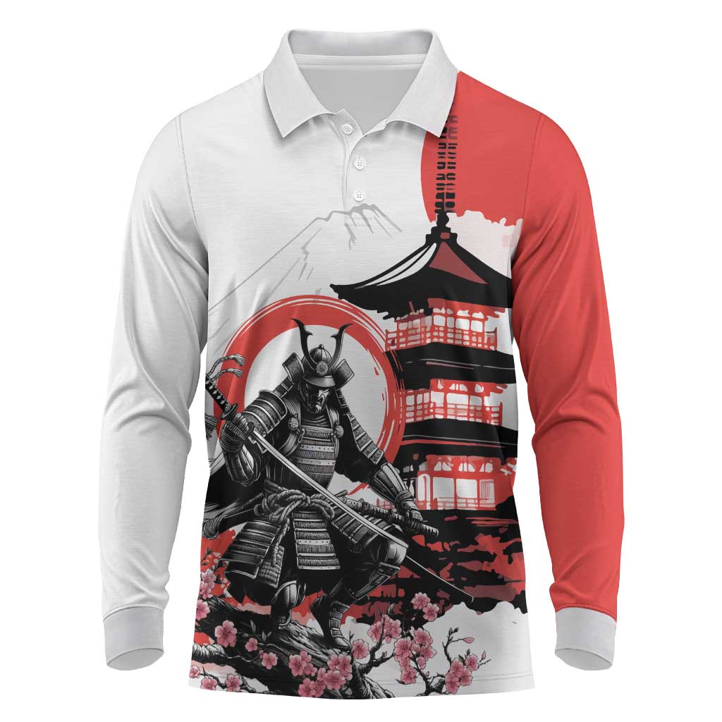 Japanese Samurai Warrior Enso Long Sleeve Polo Shirt Japan Pagoda Sakura Watercolor - Polynesian Pride