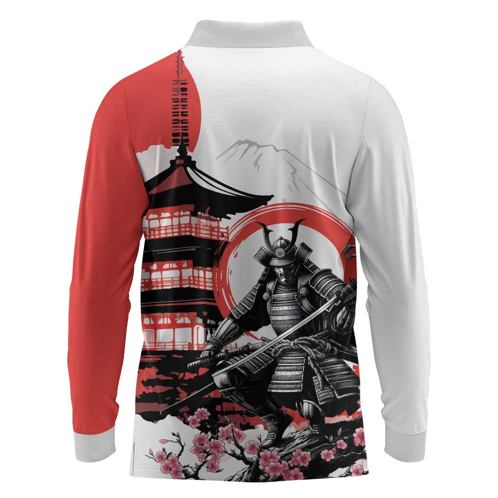 Japanese Samurai Warrior Enso Long Sleeve Polo Shirt Japan Pagoda Sakura Watercolor - Polynesian Pride