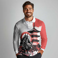 Japanese Samurai Warrior Enso Long Sleeve Polo Shirt Japan Pagoda Sakura Watercolor - Polynesian Pride