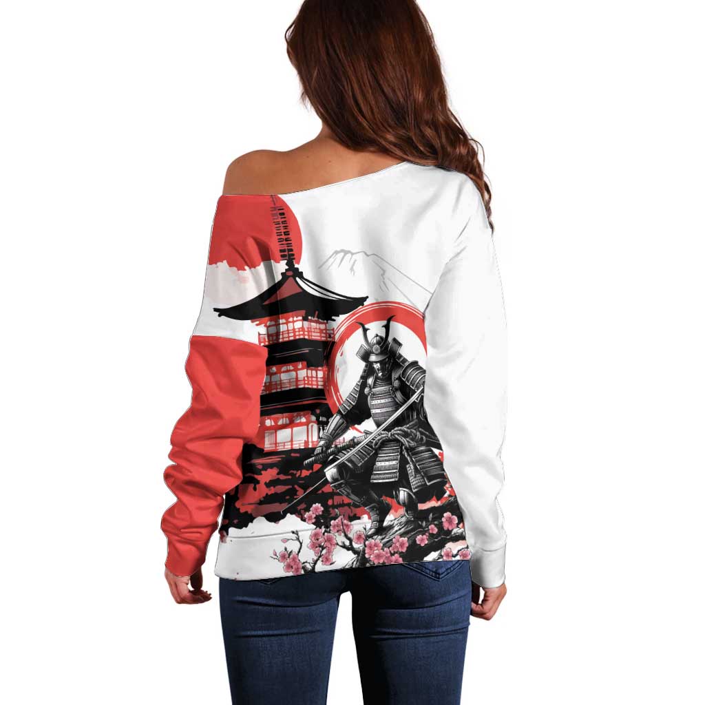 Japanese Samurai Warrior Enso Off Shoulder Sweater Japan Pagoda Sakura Watercolor - Polynesian Pride