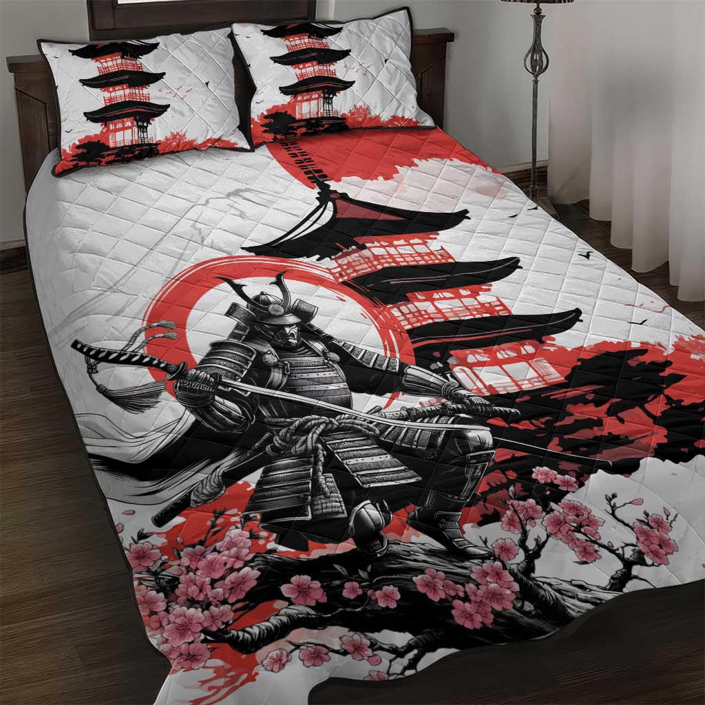 Japanese Samurai Warrior Enso Quilt Bed Set Japan Pagoda Sakura Watercolor LT14 White - Polynesian Pride