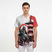 Japanese Samurai Warrior Enso Scrub Top Japan Pagoda Sakura Watercolor - Polynesian Pride