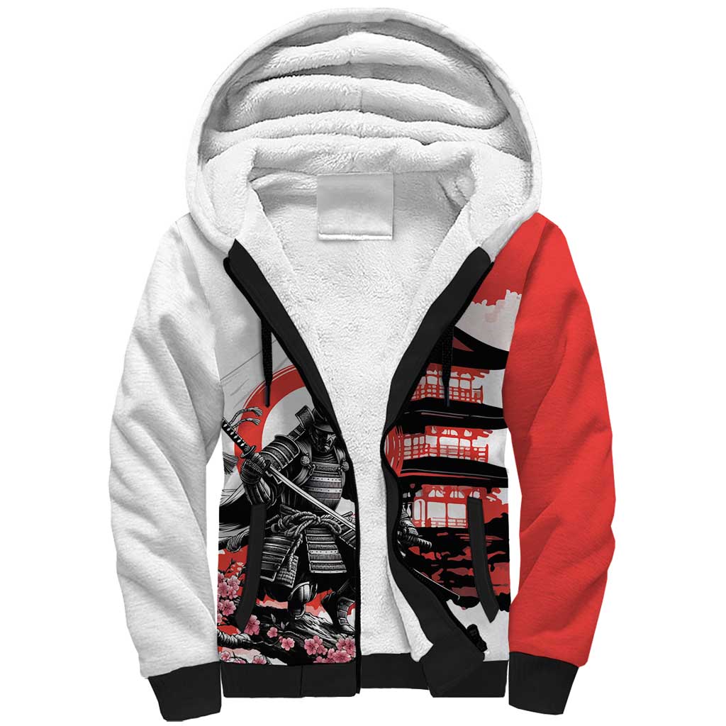 Japanese Samurai Warrior Enso Sherpa Hoodie Japan Pagoda Sakura Watercolor - Polynesian Pride