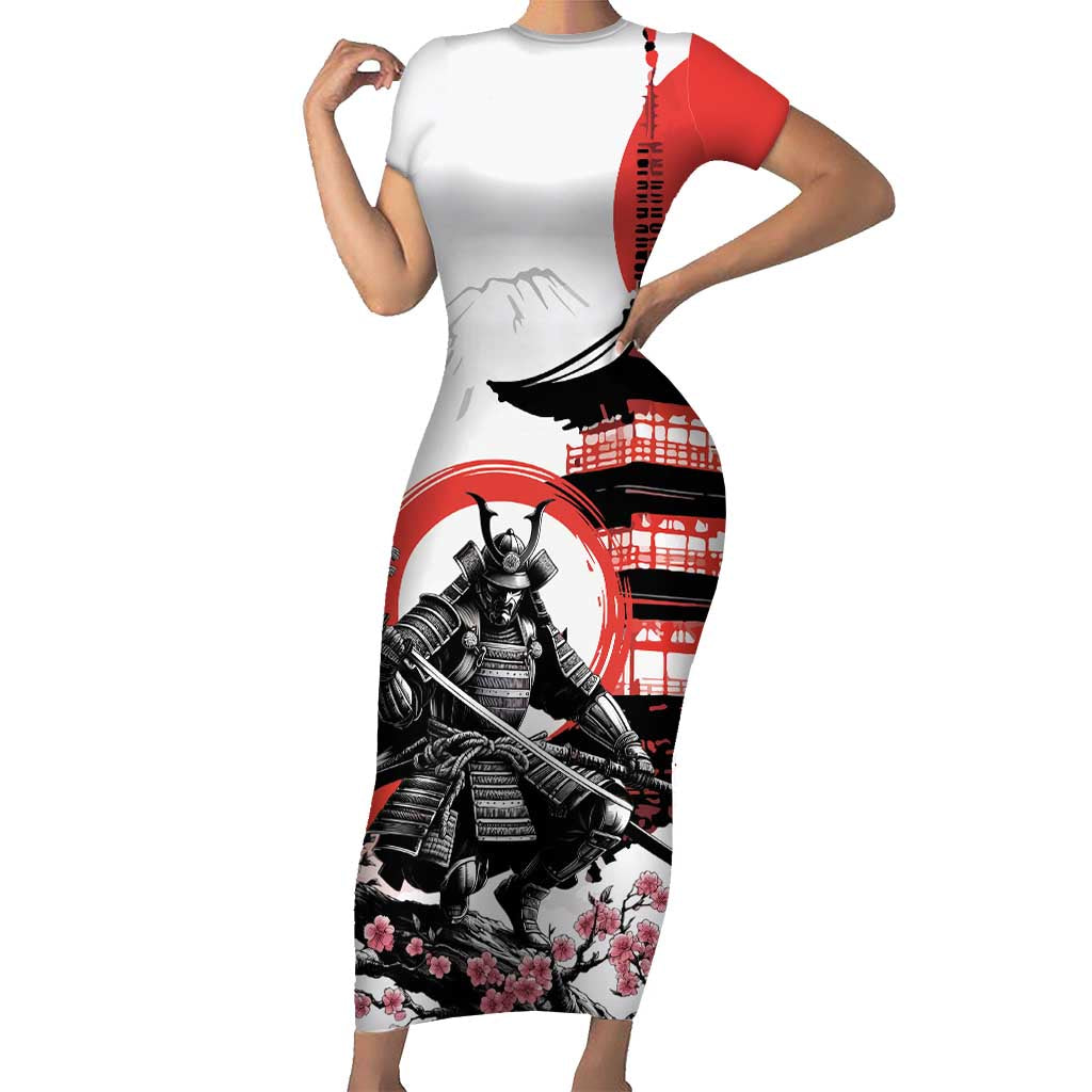 Japanese Samurai Warrior Enso Short Sleeve Bodycon Dress Japan Pagoda Sakura Watercolor - Polynesian Pride