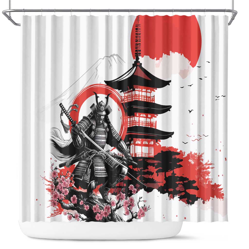 Japanese Samurai Warrior Enso Shower Curtain Japan Pagoda Sakura Watercolor - Polynesian Pride