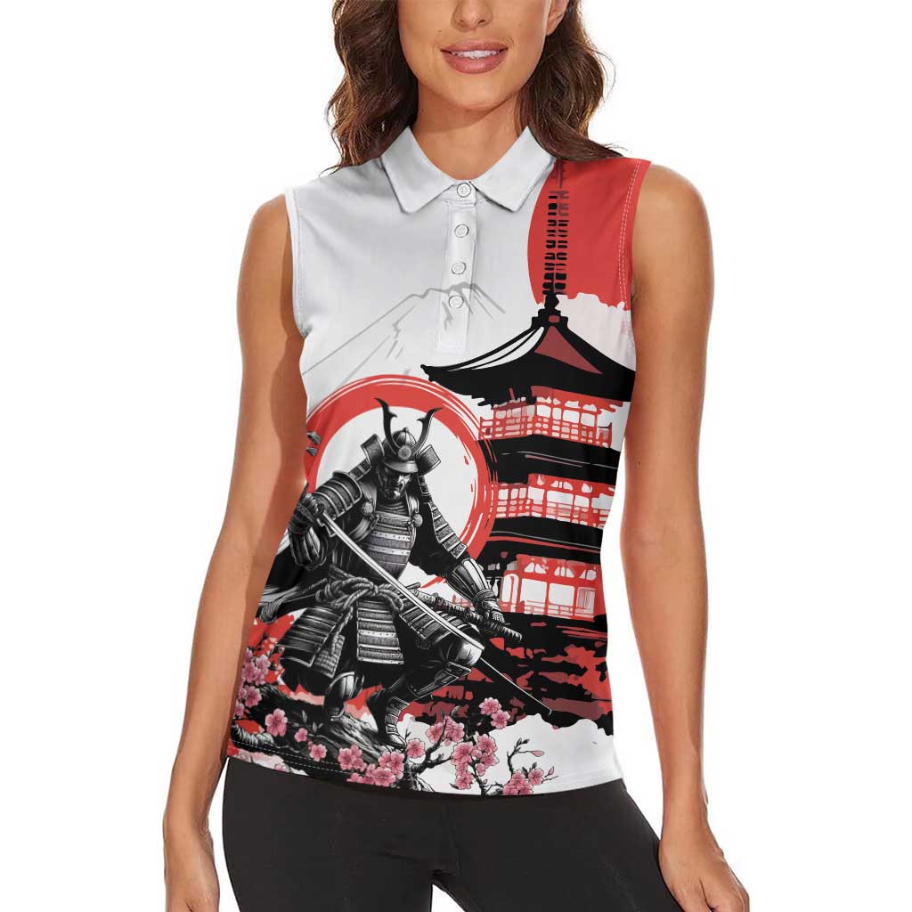 Japanese Samurai Warrior Enso Women Sleeveless Polo Shirt Japan Pagoda Sakura Watercolor - Polynesian Pride
