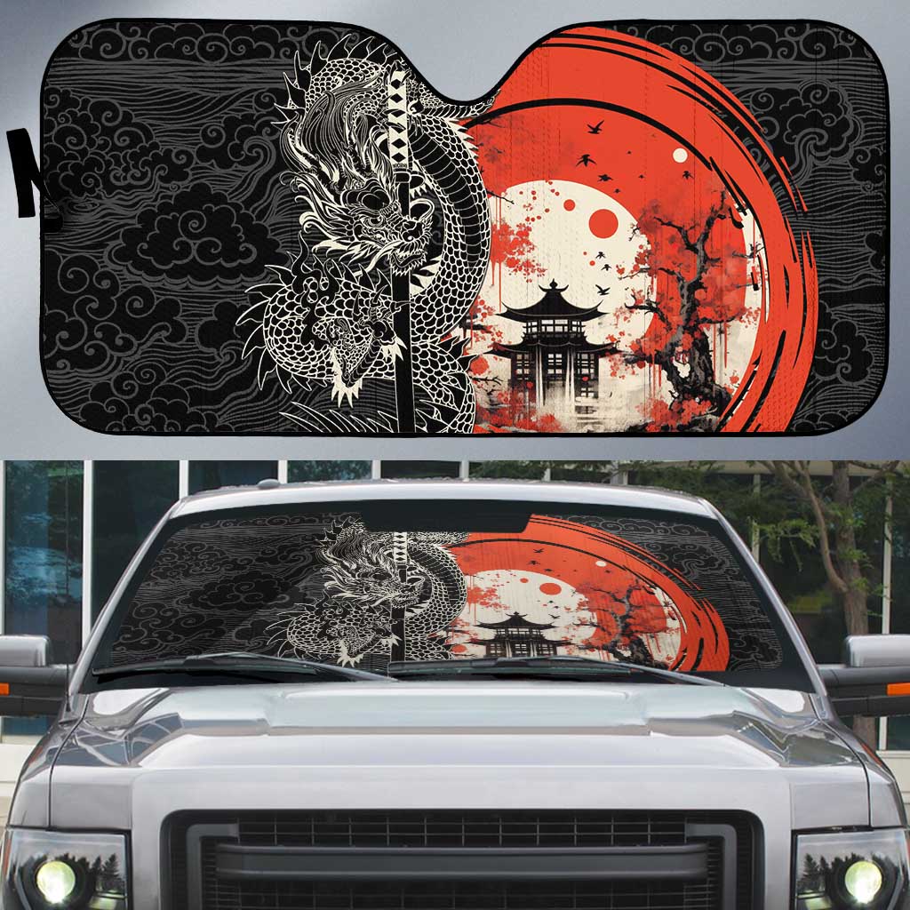 Japanese Dragon Katana Enso Auto Sun Shade Japan Pagoda Seamless Cloud - Polynesian Pride