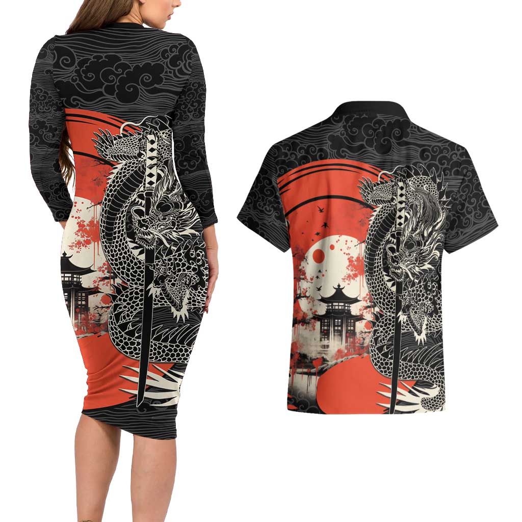 Japanese Dragon Katana Enso Couples Matching Long Sleeve Bodycon Dress and Hawaiian Shirt Japan Pagoda Seamless Cloud - Polynesian Pride