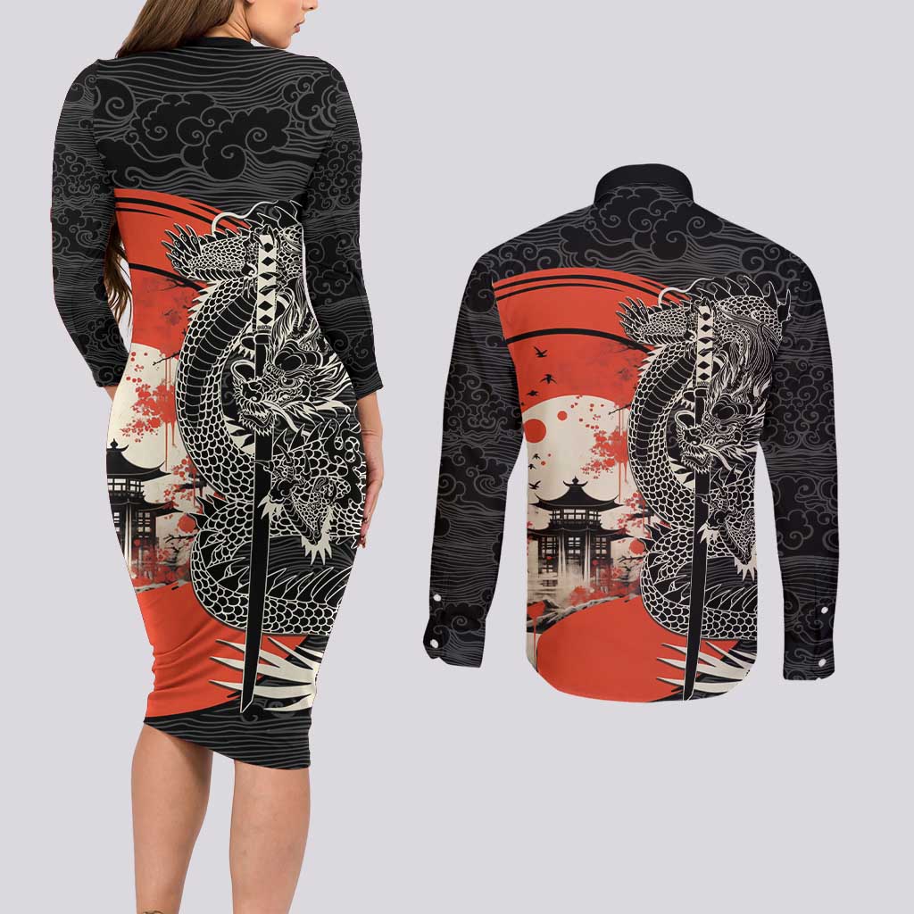 Japanese Dragon Katana Enso Couples Matching Long Sleeve Bodycon Dress and Long Sleeve Button Shirt Japan Pagoda Seamless Cloud - Polynesian Pride