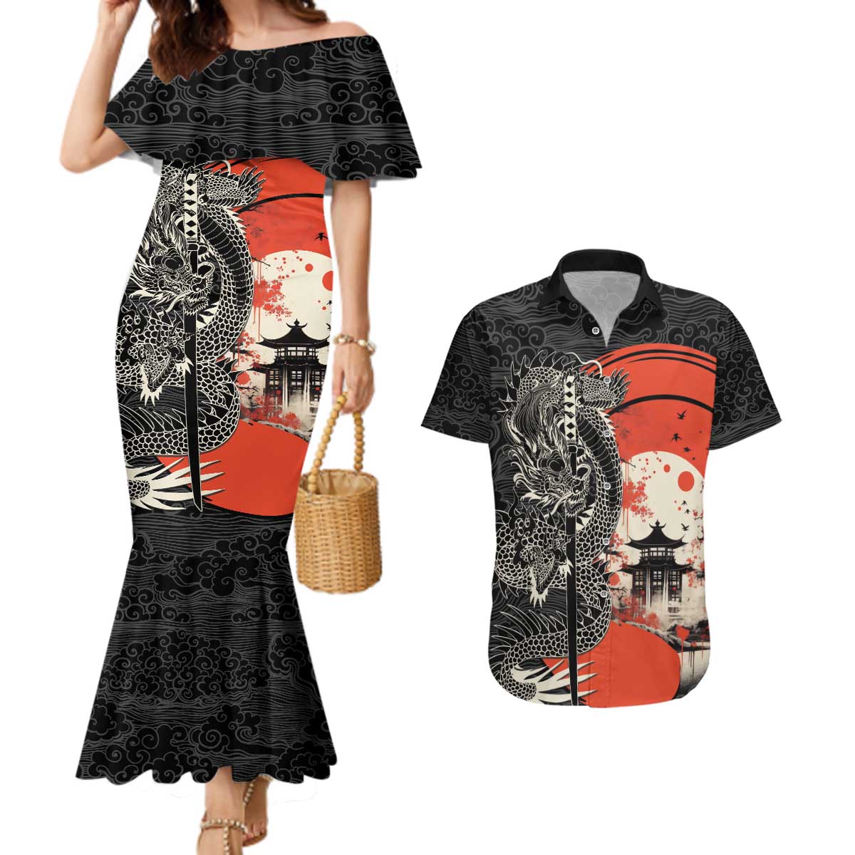Japanese Dragon Katana Enso Couples Matching Mermaid Dress and Hawaiian Shirt Japan Pagoda Seamless Cloud - Polynesian Pride