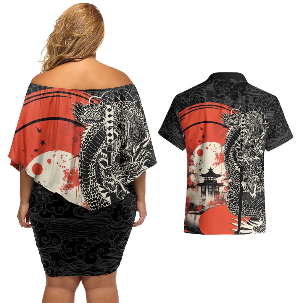 Japanese Dragon Katana Enso Couples Matching Off Shoulder Short Dress and Hawaiian Shirt Japan Pagoda Seamless Cloud - Polynesian Pride