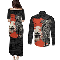 Japanese Dragon Katana Enso Couples Matching Puletasi and Long Sleeve Button Shirt Japan Pagoda Seamless Cloud - Polynesian Pride