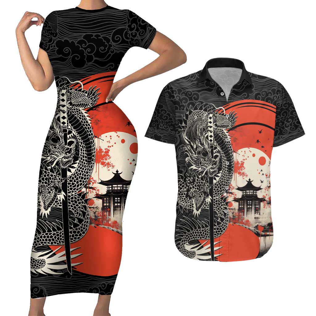 Japanese Dragon Katana Enso Couples Matching Short Sleeve Bodycon Dress and Hawaiian Shirt Japan Pagoda Seamless Cloud - Polynesian Pride