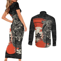 Japanese Dragon Katana Enso Couples Matching Short Sleeve Bodycon Dress and Long Sleeve Button Shirt Japan Pagoda Seamless Cloud - Polynesian Pride