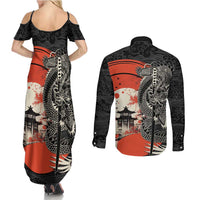 Japanese Dragon Katana Enso Couples Matching Summer Maxi Dress and Long Sleeve Button Shirt Japan Pagoda Seamless Cloud - Polynesian Pride