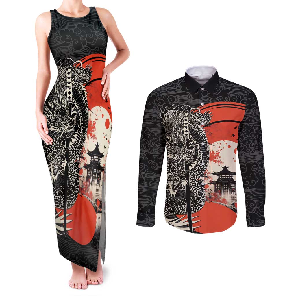 Japanese Dragon Katana Enso Couples Matching Tank Maxi Dress and Long Sleeve Button Shirt Japan Pagoda Seamless Cloud - Polynesian Pride