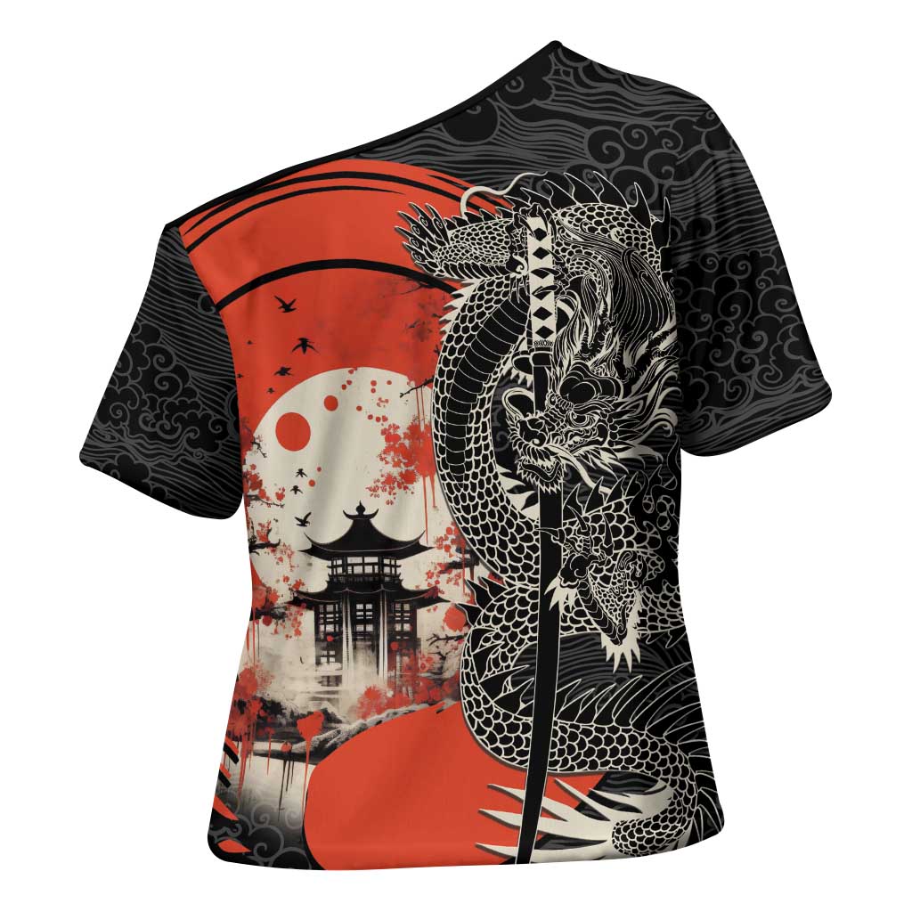 Japanese Dragon Katana Enso Cross Shoulder Shirt Japan Pagoda Seamless Cloud - Polynesian Pride