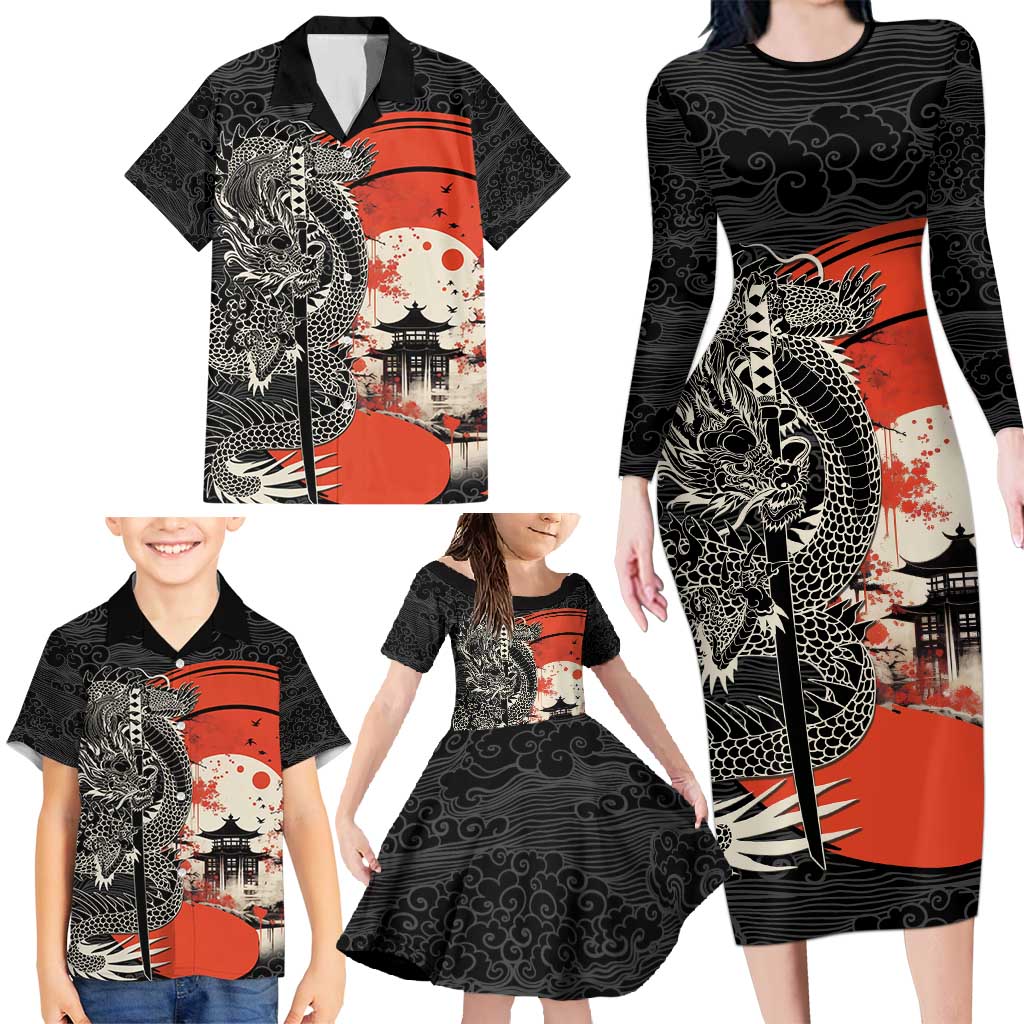 Japanese Dragon Katana Enso Family Matching Long Sleeve Bodycon Dress and Hawaiian Shirt Japan Pagoda Seamless Cloud - Polynesian Pride