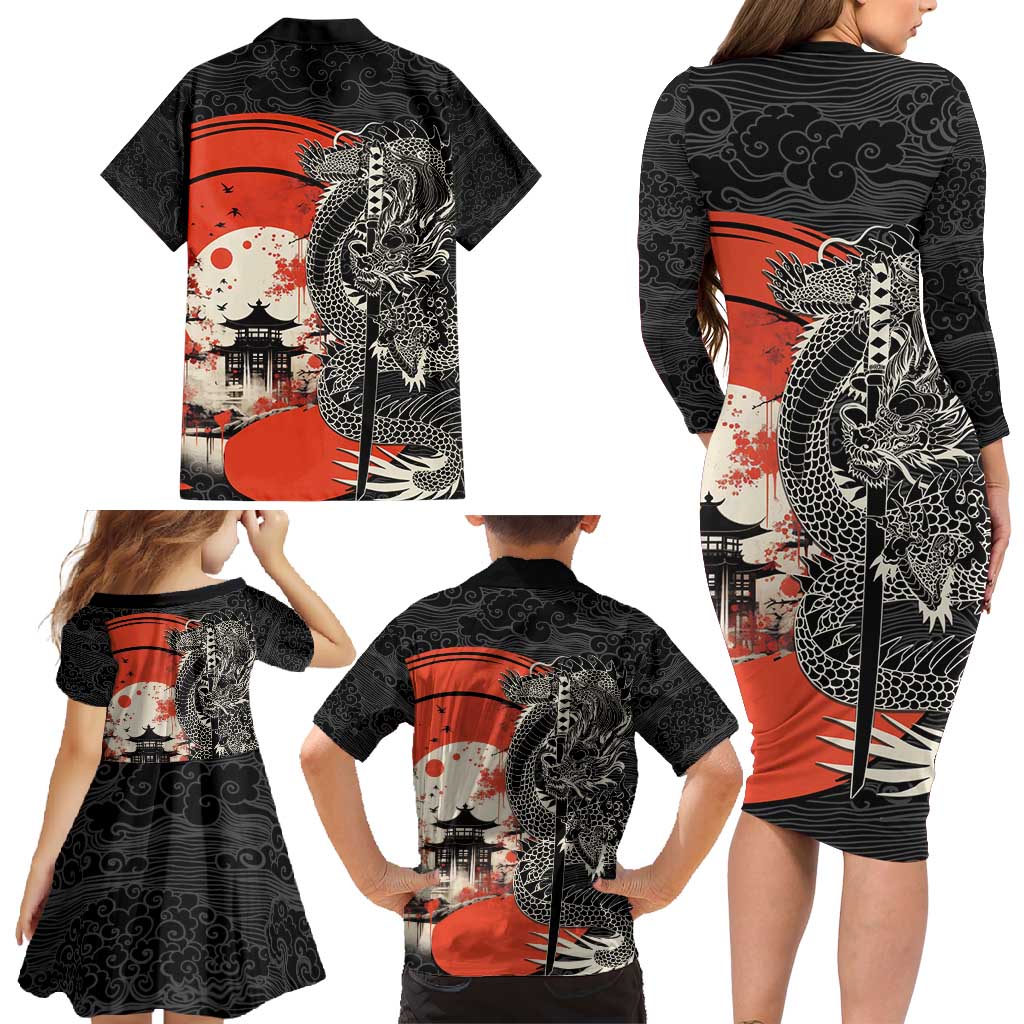 Japanese Dragon Katana Enso Family Matching Long Sleeve Bodycon Dress and Hawaiian Shirt Japan Pagoda Seamless Cloud - Polynesian Pride