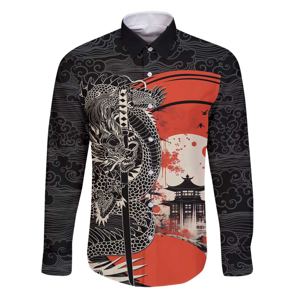 Japanese Dragon Katana Enso Family Matching Long Sleeve Bodycon Dress and Hawaiian Shirt Japan Pagoda Seamless Cloud - Polynesian Pride