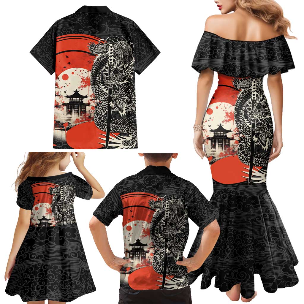 Japanese Dragon Katana Enso Family Matching Mermaid Dress and Hawaiian Shirt Japan Pagoda Seamless Cloud - Polynesian Pride