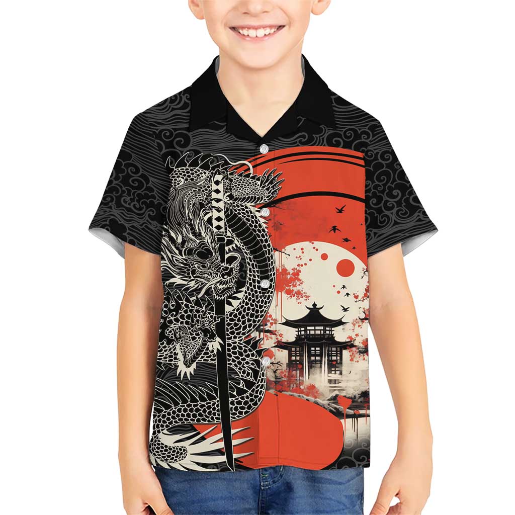 Japanese Dragon Katana Enso Family Matching Off The Shoulder Long Sleeve Dress and Hawaiian Shirt Japan Pagoda Seamless Cloud - Polynesian Pride