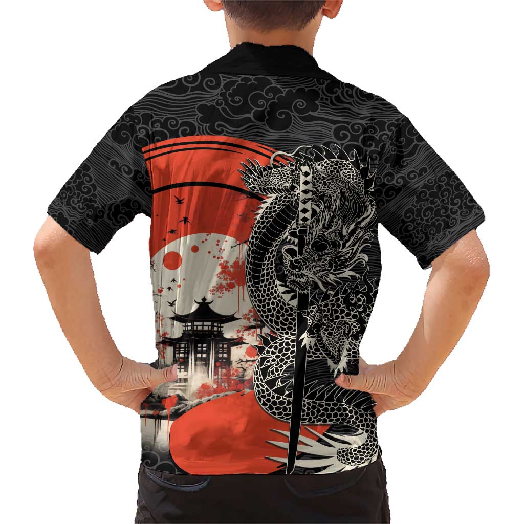 Japanese Dragon Katana Enso Family Matching Short Sleeve Bodycon Dress and Hawaiian Shirt Japan Pagoda Seamless Cloud - Polynesian Pride