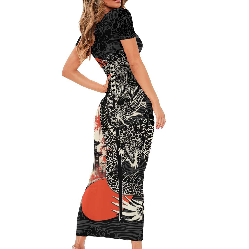 Japanese Dragon Katana Enso Family Matching Short Sleeve Bodycon Dress and Hawaiian Shirt Japan Pagoda Seamless Cloud - Polynesian Pride