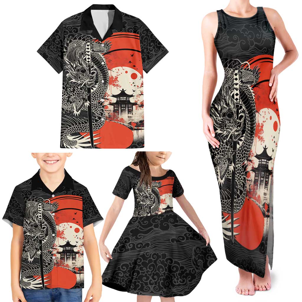 Japanese Dragon Katana Enso Family Matching Tank Maxi Dress and Hawaiian Shirt Japan Pagoda Seamless Cloud - Polynesian Pride