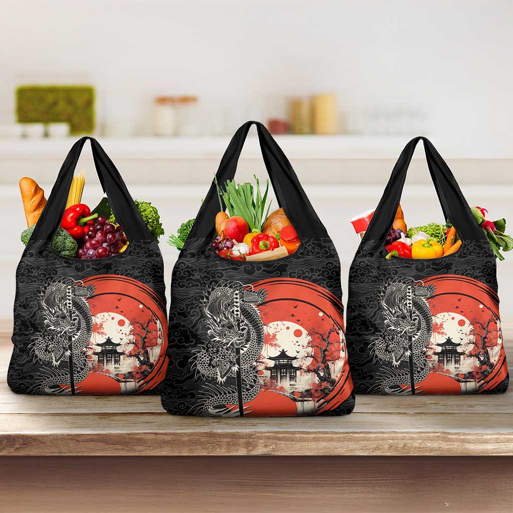 Japanese Dragon Katana Enso Grocery Bag Japan Pagoda Seamless Cloud - Polynesian Pride