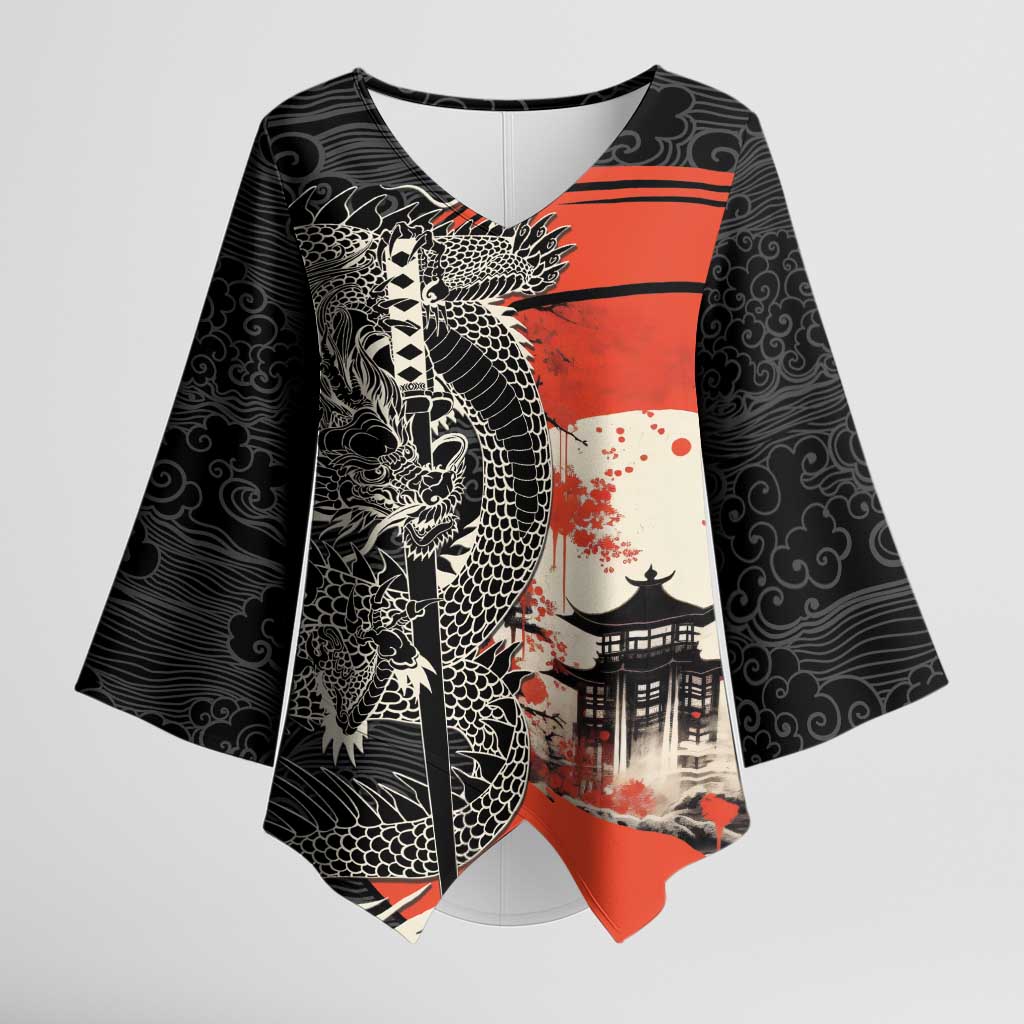 Japanese Dragon Katana Enso Kimono Sleeve Blouse Japan Pagoda Seamless Cloud LT14 Female Black - Polynesian Pride
