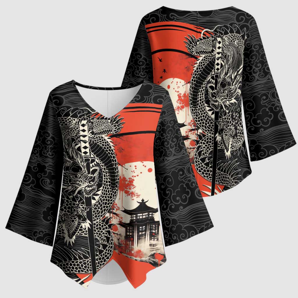 Japanese Dragon Katana Enso Kimono Sleeve Blouse Japan Pagoda Seamless Cloud LT14 - Polynesian Pride