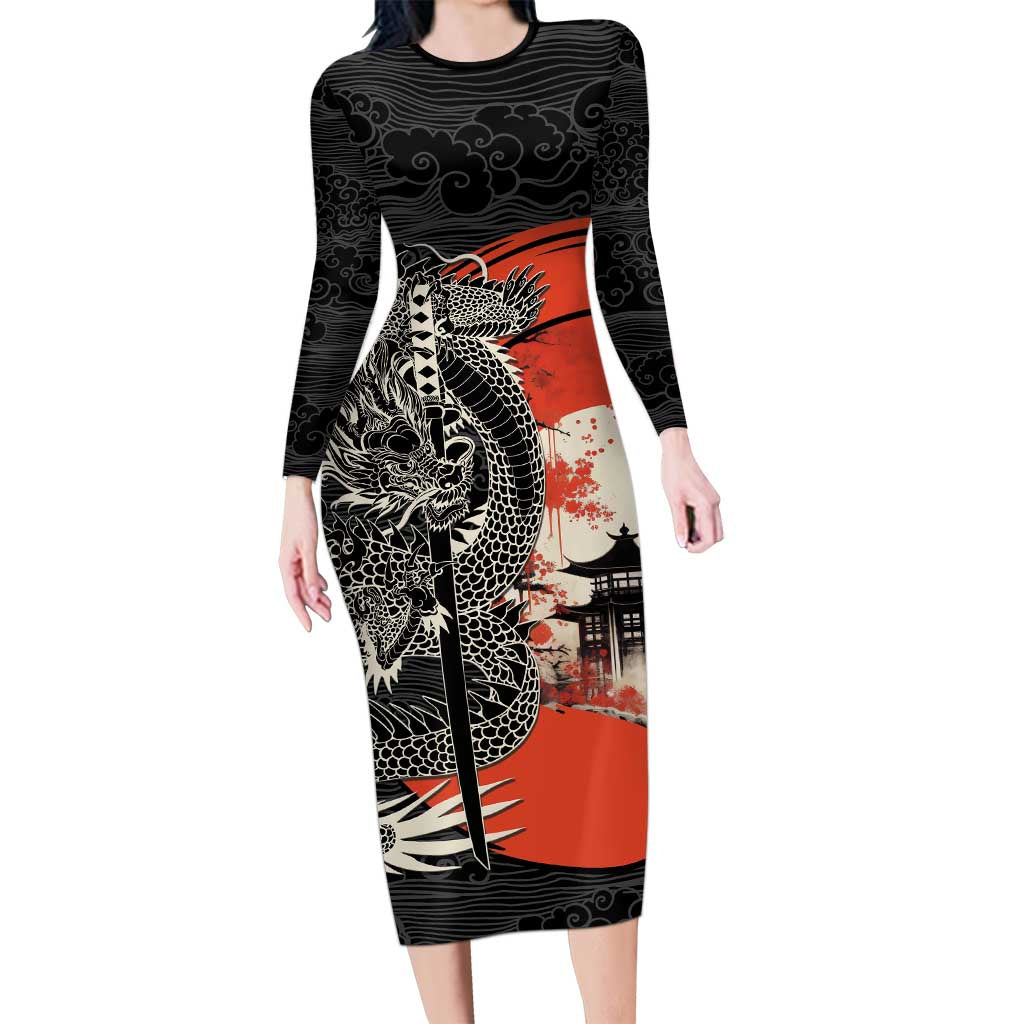 Japanese Dragon Katana Enso Long Sleeve Bodycon Dress Japan Pagoda Seamless Cloud - Polynesian Pride