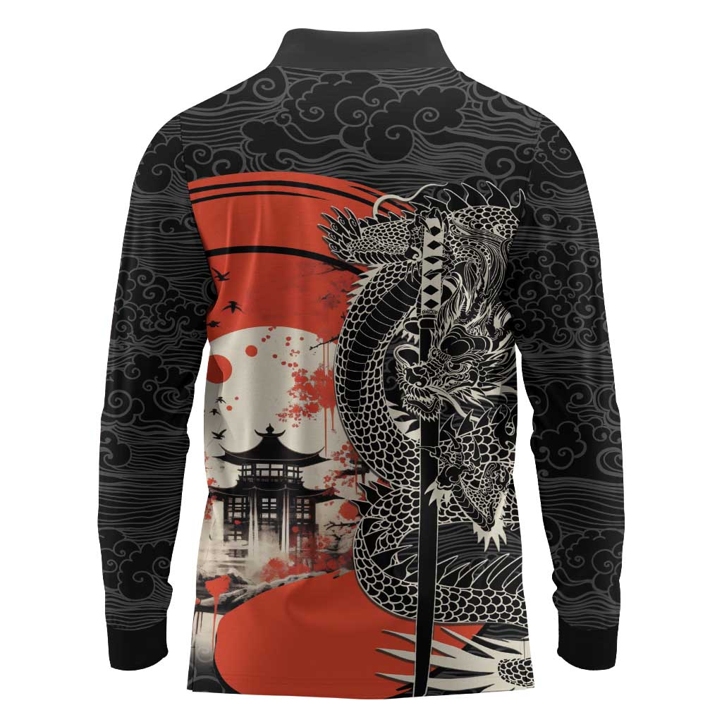Japanese Dragon Katana Enso Long Sleeve Polo Shirt Japan Pagoda Seamless Cloud - Polynesian Pride