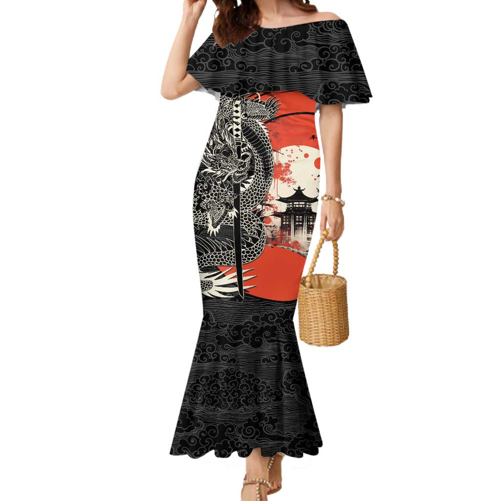 Japanese Dragon Katana Enso Mermaid Dress Japan Pagoda Seamless Cloud LT14 Women Black - Polynesian Pride