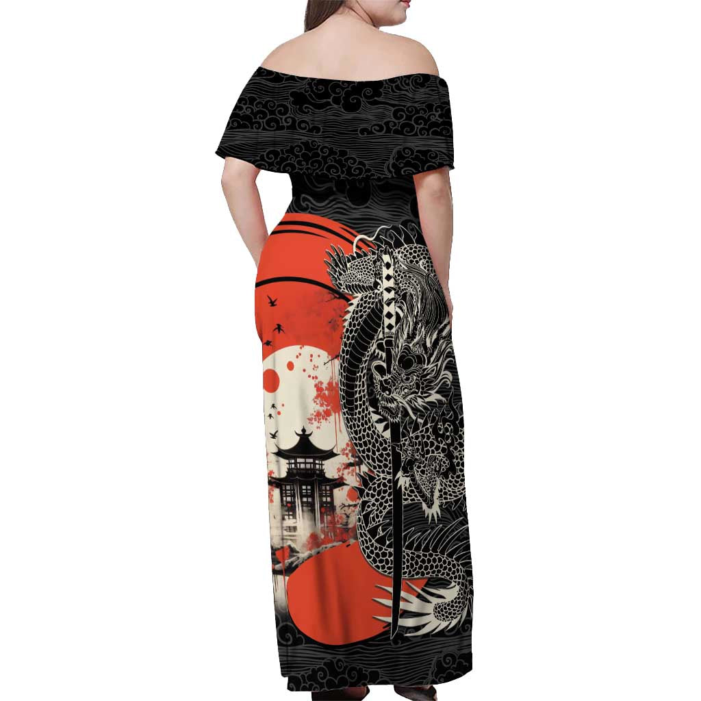 Japanese Dragon Katana Enso Off Shoulder Maxi Dress Japan Pagoda Seamless Cloud - Polynesian Pride