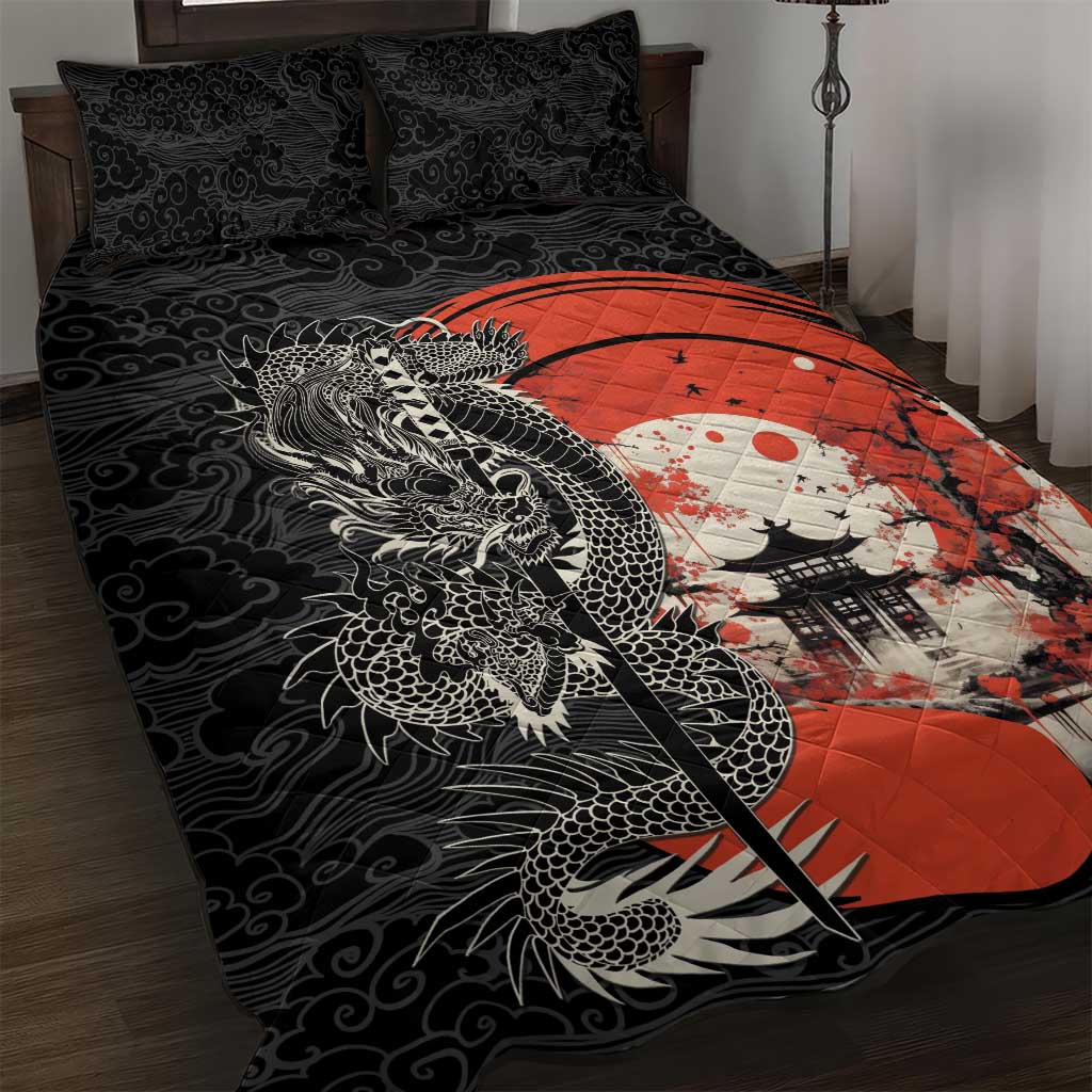 Japanese Dragon Katana Enso Quilt Bed Set Japan Pagoda Seamless Cloud LT14 Black - Polynesian Pride
