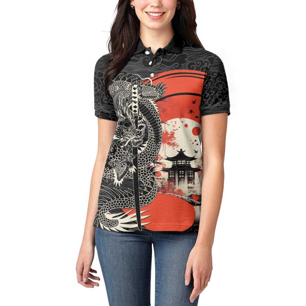Japanese Dragon Katana Enso Women Polo Shirt Japan Pagoda Seamless Cloud - Polynesian Pride