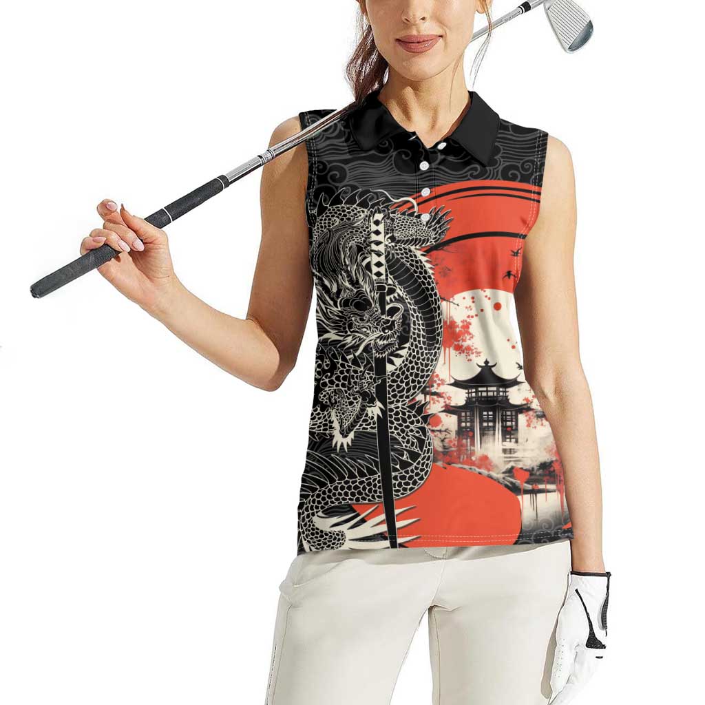 Japanese Dragon Katana Enso Women Sleeveless Polo Shirt Japan Pagoda Seamless Cloud - Polynesian Pride