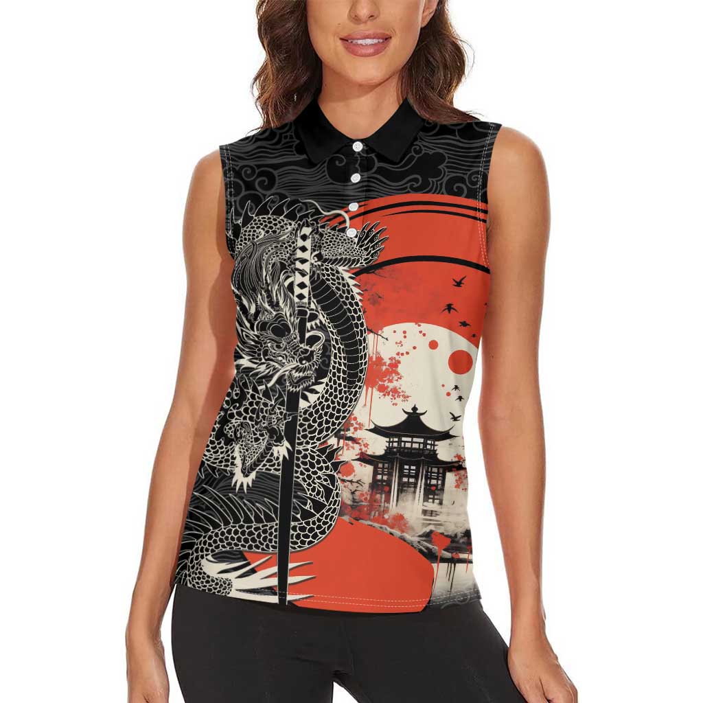 Japanese Dragon Katana Enso Women Sleeveless Polo Shirt Japan Pagoda Seamless Cloud - Polynesian Pride